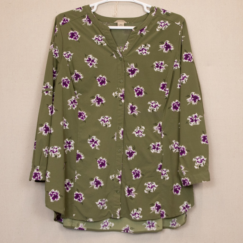 Duluth DuluthFlex Sidewinder green floral button down tunic-2X